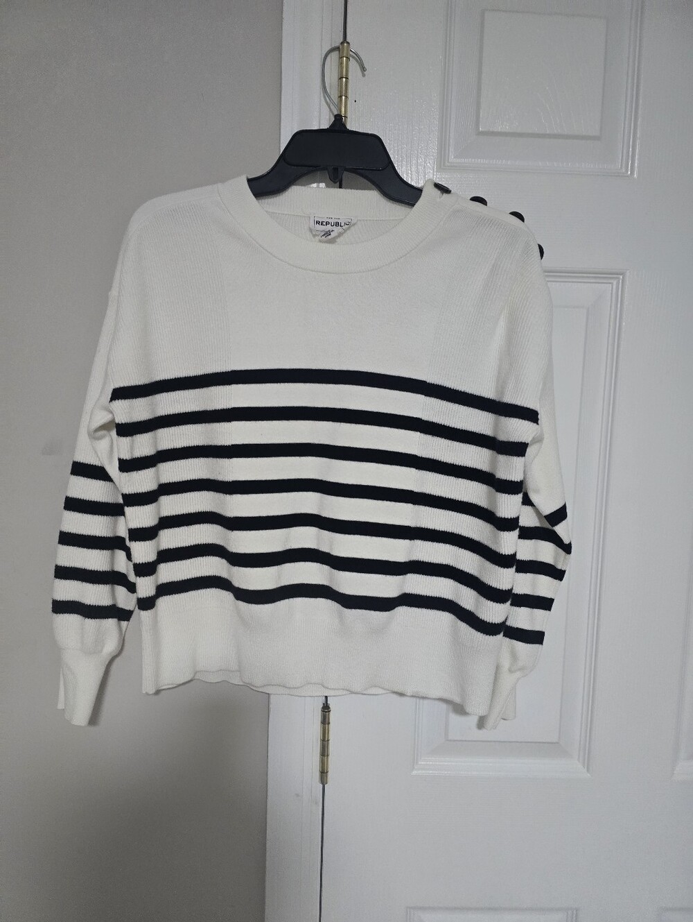 For The Republic Cream and Navy Striped Crewneck Sweater with Shoulder Buttons - Picture 4 of 11